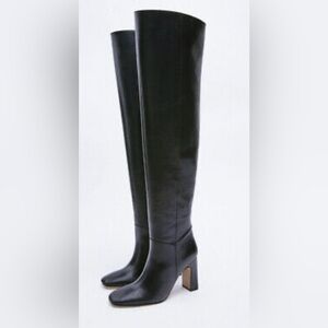 🛍️ZARA OVER THE KNEE LEATHER BOOTS WORN ONCE ORIGINALLY $281 BLOCK HEEL COMFY